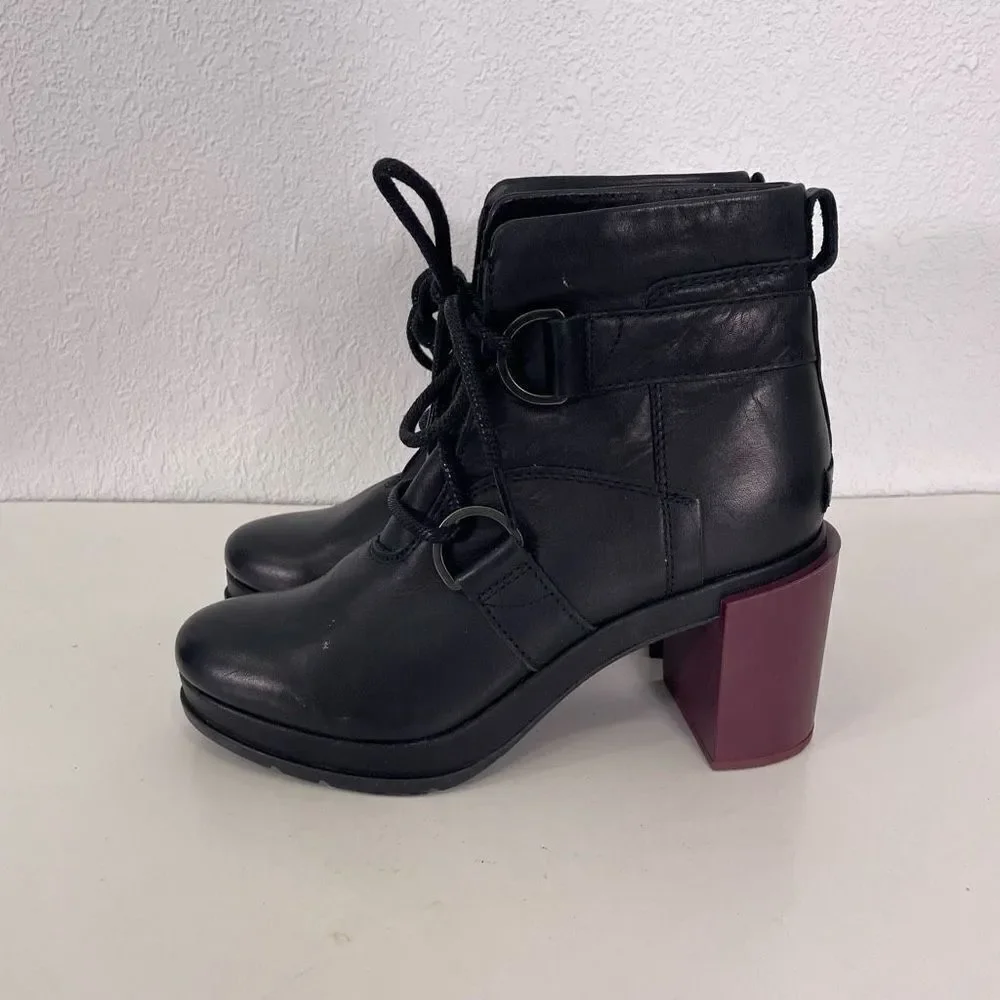 Sorel Black Leather Purple Heel‎ Margo Lace Up Block Heel Booties Size 8